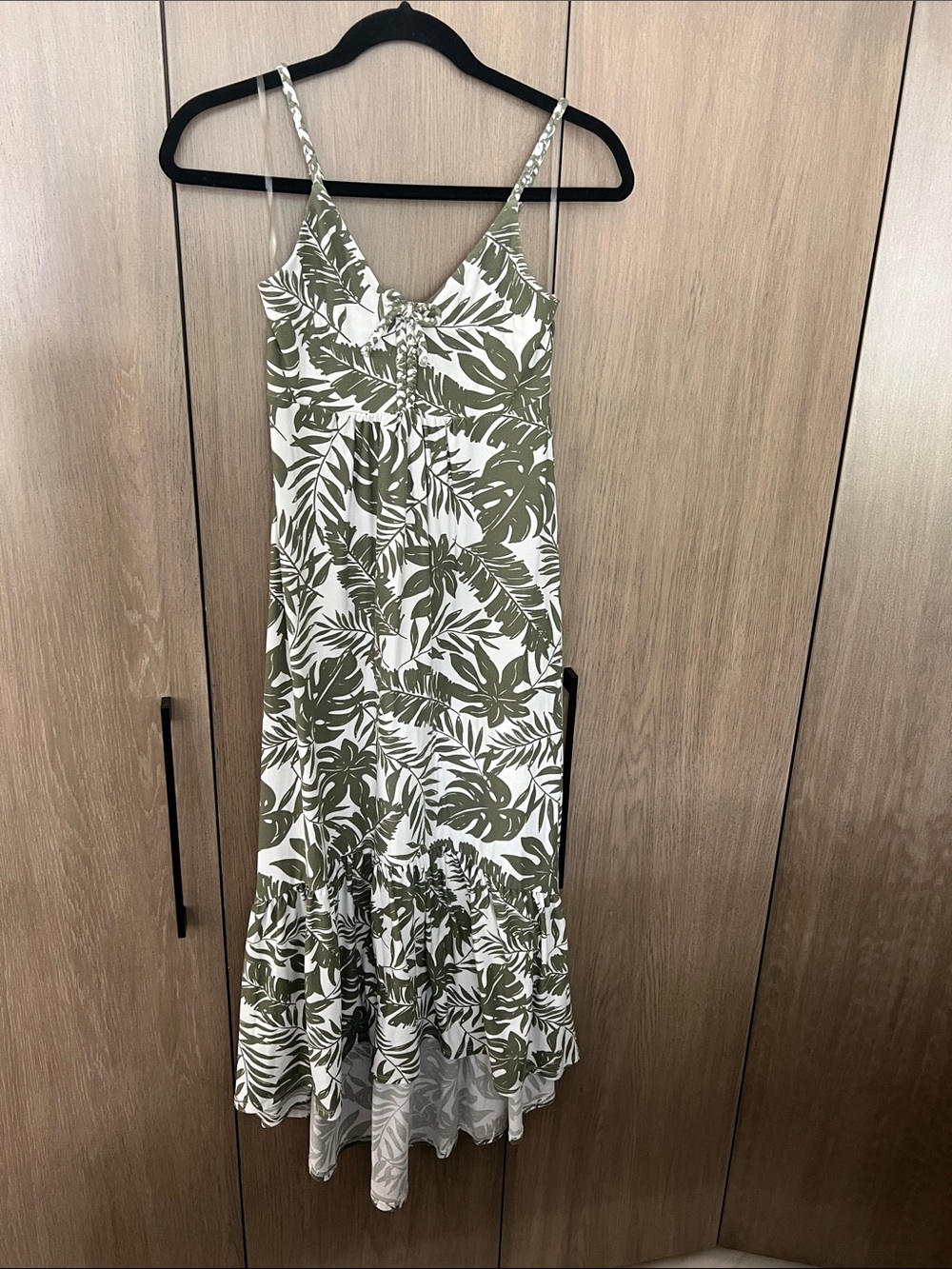Derek Heart Olive Green Leaf Print Spaghetti Strap Maxi Dress